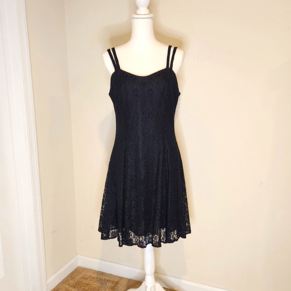 Vintage 90's All That Jazz Black Lace Overlay Double Spaghetti Strap Dress 11/12